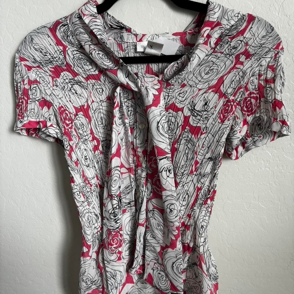 Worthington Floral Blouse‎ Pink Rose Print Tie Neck Crinkle Top Petite Medium